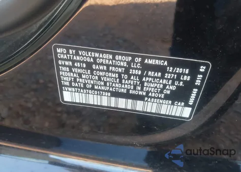 2016 Volkswagen Passat 1.8T Se из США, поврежденный, VIN 1VWBT7A37GC017398